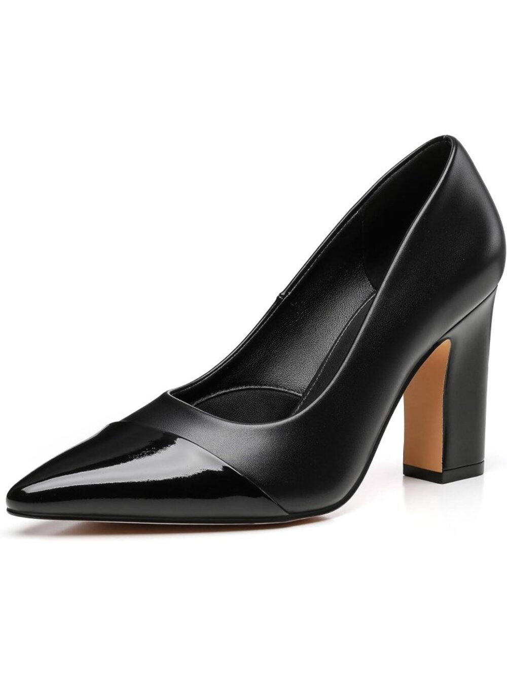 Women's Black Closed Pointed Toe Chunky Pumps Shoes Slip-On Block High Heels